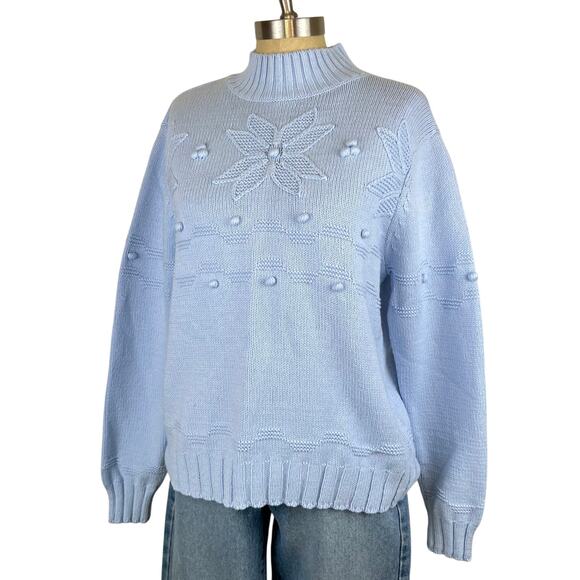 Vintage Croft and Barrow Blue Poinsetta Knitted Mock Neck Pullover Sweater (XL) - Picture 1 of 12